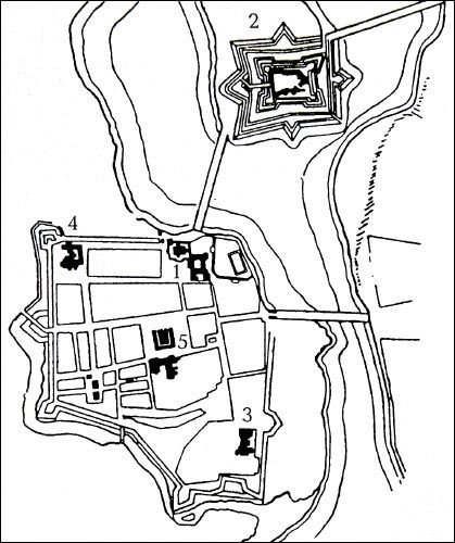 Nieśwież |  Kościół Św. Katarzyny (Bernardynów). Klasztor bernardynów (4) na schematycznym planie Nieświeża z XVIII w