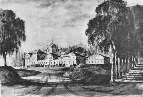  - Zespół pałacowo-parkowy Bułhaków. Pałac na obrazie Napoleona Ordy z lat 1864-76. Widok od strony podjazdu
