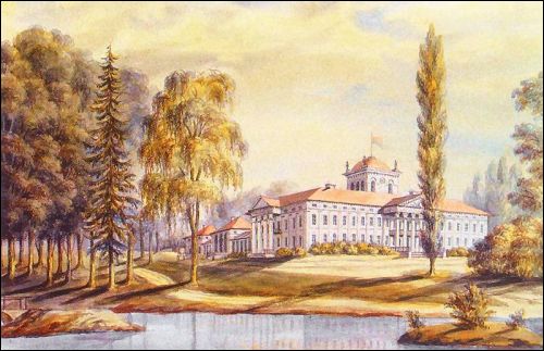  - Zespół pałacowo-parkowy Bułhaków. Pałac na obrazie Napoleona Ordy z lat 1864-76. Widok od strony ogrodu