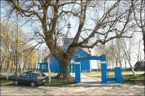  - Cerkiew Św. Trójcy. Cerkiew i brama - widok z drogi, 04.2009