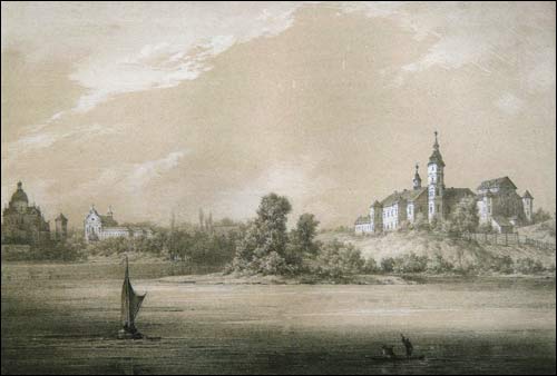  - Zamek Radziwiłłów w rysunkach Napoleona Ordy. Zamek Radziwiłłów na tle panoramy Nieświeża. Litografia z obrazu N. Ordy