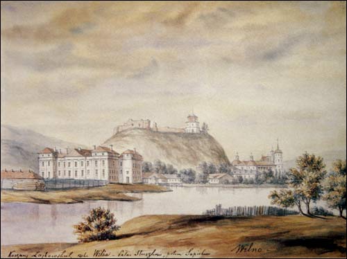  - Pałac Słuszków. Wilno. Pałac Słuszków, Góra Zamkowa i katedra na rys. Napoleona Ordy (1875)