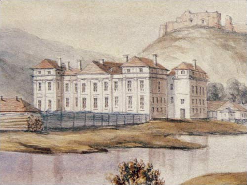  - Pałac Słuszków. Pałac Słuszków i Góra Zamkowa. Rys. Napoleona Ordy, fragment (1875)