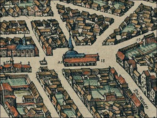  - Ratusz . Ratusz wileński na pierwszym obrazie Wilna; fragment z atlasu 'Miasta świata...' G. Browna, 1576 r