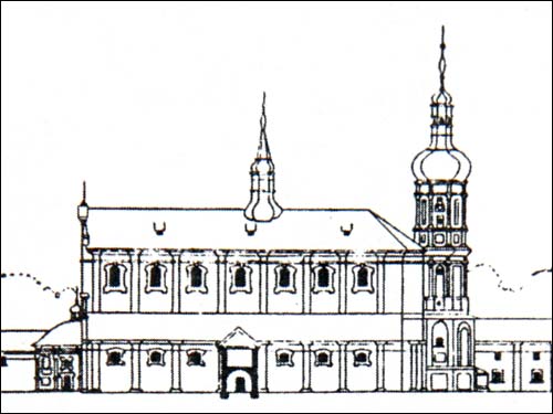 Bereza Kartuska |  Kościół pokartuzjański. Fasada boczna, południowa. Rysunek techniczny z lat 30 XIX wieku